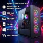 STGsivir Gaming PC, Gaming Computer Desktop Tower, AMD Ryzen 7 5700G up to 4.6GHz, Radeon Vega 8 Integrated Graphics, 32GB DDR4 RAM, 1TB SSD, WIFI 6, BT5.0, RGB fan x3, Windows11 Pro