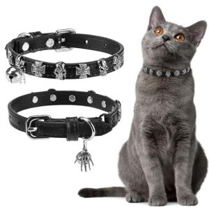Adjustable Leather Cat Collar with Bell and Skull