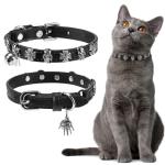 Adjustable Leather Cat Collar with Bell and Skull