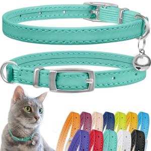 Leather Cat Collar with Bell - Mint Green