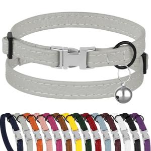 Gray Leather Cat Collar with Buckle and Bell