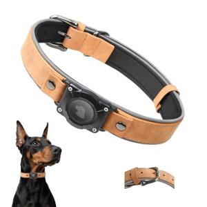 Waterproof Leather Dog Collar with AirTag Holder