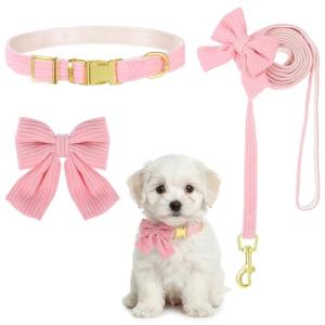 Cute Pink Dog Collar and Leash Set with Bowtie