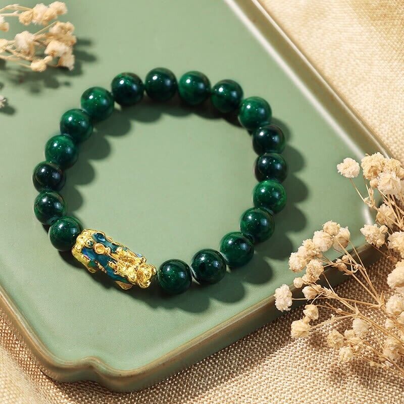 Green Jade Dragon Protection Pixiu Charm Bracelet 10mm
