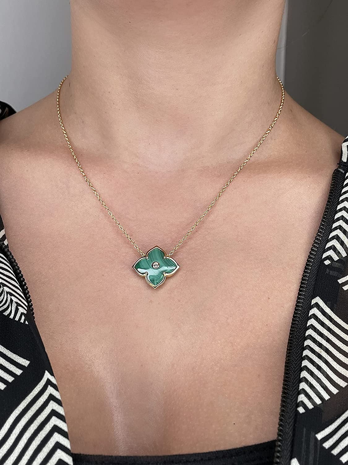 Malachite Flower Pendant Necklace in Sterling Silver with CZ