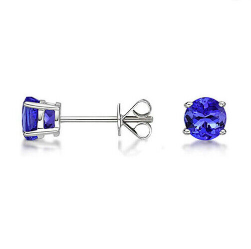 Genuine Tanzanite 925 Sterling Silver Round Stud Earrings