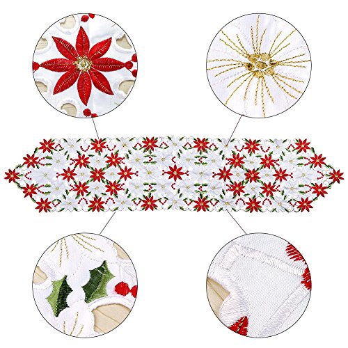 Christmas Poinsettia Embroidered Table Runner 15 x 69 Inch