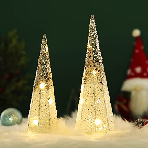 Lighted Christmas Tree Table Decor, White and Gold