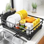 SNTD Dish Drying Rack for Kitchen Counter - Large Dish Rack with Drainboard, Rustproof Dish Drainer with Utensil Holder for Sink, Black