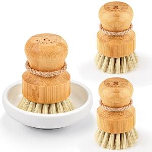 Bamboo Dish Scrub Brushes,Kitchen Wooden Cleaning Scrubbers Set for Washing Cast Iron Pan/Pot, Natural Sisal Bristles, Set of 3