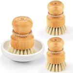 Bamboo Dish Scrub Brushes,Kitchen Wooden Cleaning Scrubbers Set for Washing Cast Iron Pan/Pot, Natural Sisal Bristles, Set of 3