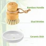 Bamboo Dish Scrub Brushes,Kitchen Wooden Cleaning Scrubbers Set for Washing Cast Iron Pan/Pot, Natural Sisal Bristles, Set of 3