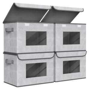 Univivi Fabric Foldable Storage Boxes [4-Pack] Large Collapsible Stackable Storage Bins with Lids, Closet Organizers and Storage Cube Basket for Home, Office, Bedroom (Gray, 17“ x 12” x 12")