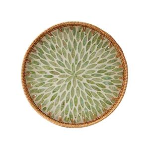 Round Rattan Tray with Mother of Pearl Inlay