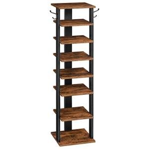 HOOBRO 8 Tiers Vertical Shoe Rack, Wooden Shoe Storage Organizer with Hooks, Narrow Shoe Tower for 8 Pairs, Space Saving, for Entryway, Living Room, Bedroom, Rustic Brown BF07XJ01G1