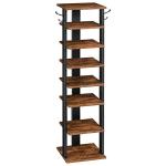 HOOBRO 8 Tiers Vertical Shoe Rack, Wooden Shoe Storage Organizer with Hooks, Narrow Shoe Tower for 8 Pairs, Space Saving, for Entryway, Living Room, Bedroom, Rustic Brown BF07XJ01G1