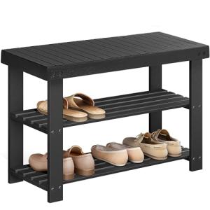 SONGMICS Shoe Rack Bench, 3-Tier Bamboo Shoe Storage Organizer, Entryway Bench, Holds Up to 286 lb, 11.3 x 27.6 x 17.8 Inches, for Entryway Bathroom Bedroom, Ink Black ULBS04H