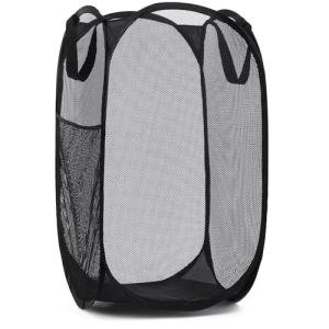 Handy Laundry Collapsible Mesh Pop Up Hamper with Wide Opening and Side Pocket - Breathable, Sturdy, Foldable, and Space-Saving Design for Clothes and Storage (Black)