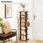 HOOBRO 8 Tiers Vertical Shoe Rack, Wooden Shoe Storage Organizer with Hooks, Narrow Shoe Tower for 8 Pairs, Space Saving, for Entryway, Living Room, Bedroom, Rustic Brown BF07XJ01G1