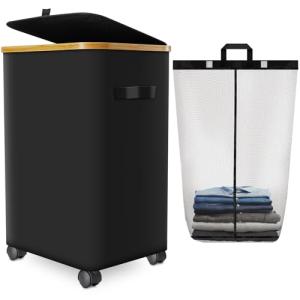 Black Rolling Laundry Hamper with Bamboo Frame