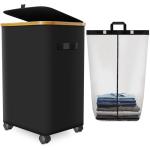 Black Rolling Laundry Hamper with Bamboo Frame