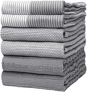 Premium Kitchen Towels (20”x 28”, 6 Pack) | Large Cotton Dish Towels | Flat & Terry Highly Absorbent Kitchen Linen Set with Hanging Loop | Gray
