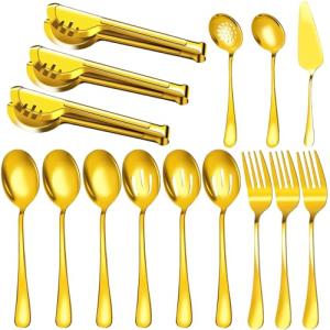 15-Piece Stainless Steel Serving Utensils Set in Gold