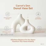 Carrot's Den Donut Vase, Set of 2 - White Large Ceramic Vase - Minimalist Nordic, Hollow | Table Centerpiece, Olive Plant, Wedding, Living Room, Bookshelf, Office, Modern Home, Entryway, Console