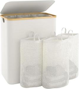 Extra Large Beige 3-Section Laundry Basket with Lid