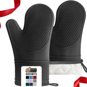 GORILLA GRIP BPA-Free Soft Silicone Oven Mitts, Heat Resistant and Waterproof Cooking Gloves, Thick Cotton Lining, Flexible Gripping, Kitchen Potholders Set, Holiday Baking Essentials, 12.5x8.3, Black