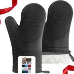 GORILLA GRIP BPA-Free Soft Silicone Oven Mitts, Heat Resistant and Waterproof Cooking Gloves, Thick Cotton Lining, Flexible Gripping, Kitchen Potholders Set, Holiday Baking Essentials, 12.5x8.3, Black