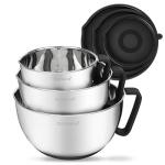Rorence Stainless Steel Non-Slip Mixing Bowls With Pour Spout, Handle and Lid, Set of 3, Black