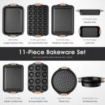 Slow Slog 11-Piece Baking Pans Set, Nonstick Bakeware Sets, Oven Pans for Baking with Silicone Handles, Includes Cookie Sheet, Cake Pans, Loaf Pan, Pizza Pan, Muffin Pan, Khaki&Black
