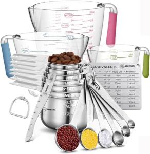 AIKEXIN 20-Piece Measuring Cups and Spoons Set, Nesting Stainless Steel Measuring Cups Spoons with Plastic Measuring Cup for Dry and Liquid Ingredients, Kitchen Cooking & Baking Gadgets