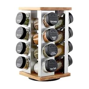 Kamenstein 16 Jar Warner Revolving Countertop Spice Rack Organizer with Lift & Pour Caps and Spices Included, FREE Spice Refills for 5 years, Stainless Steel & Bamboo with Black Caps