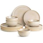 Metflavor Stoneware Dinnerware Sets for 4, 12-Piece Scratch Resistant Plates and Bowls Set, Dishwasher and Microwave Safe Ceramic Dishes Set, Ribbed, Sculpted Dune