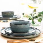 GBHOME Ceramic Dinnerware Sets for 4, 12 Pieces Stoneware Plates and Bowls Sets, Reactive Glaze Dishes -Scratch Resistant, Dishwasher&Microwave Safe, Space Blue