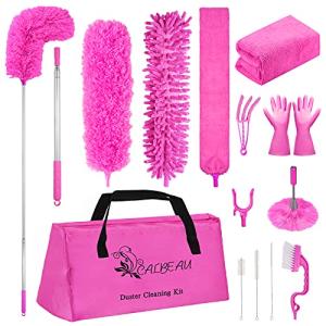 Microfiber Dusters for Cleaning, Feather Dusters with Extension Pole, Bendable & Washable Dusters for High Ceiling Fan, Blinds, Cars, Furniture, Cleaning Tools Kit Pink Gift for Women (15 PCS)