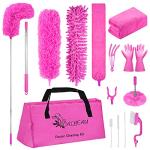 Microfiber Dusters for Cleaning, Feather Dusters with Extension Pole, Bendable & Washable Dusters for High Ceiling Fan, Blinds, Cars, Furniture, Cleaning Tools Kit Pink Gift for Women (15 PCS)