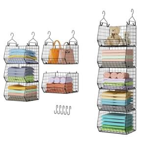 5 Tier Closet Hanging Organizer, Clothes Hanging Shelves with 4 Hanging Hooks 5 S Hooks, Wire Storage Basket Bins, for Clothing Sweaters Shoes Handbags Clutches Accessories Patent Design