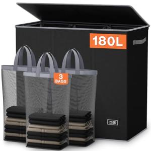 SOLEDI 180L Laundry Hamper 3 Section, Extra Large Laundry Hamper with Lid, Dirty Clothes Hamper with Sturdy Handle, Large Laundry Basket Organizer for Laundry Room, Bedroom, Hampers for Laundry