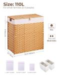 Greenstell Laundry Hamper with lid, No Install Needed, 110L Wicker Laundry Baskets Foldable 2 Removable Liner Bags, 2 Section Clothes Hamper Handwoven Rattan Laundry Basket with Handles, Natural