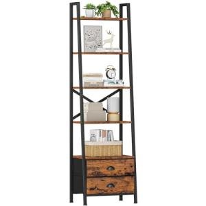 Furologee 5-Tier Ladder Shelf with 2 Drawers,Narrow Bookshelf Storage Shelves,Industrial Bookcase Freestanding Rack Units for Bedroom,Living Room,Bathroom,Home Office,Balcony,Wood Metal,Rustic Brown