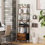 Furologee 5-Tier Ladder Shelf with 2 Drawers,Narrow Bookshelf Storage Shelves,Industrial Bookcase Freestanding Rack Units for Bedroom,Living Room,Bathroom,Home Office,Balcony,Wood Metal,Rustic Brown