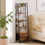 Furologee 5-Tier Ladder Shelf with 2 Drawers,Narrow Bookshelf Storage Shelves,Industrial Bookcase Freestanding Rack Units for Bedroom,Living Room,Bathroom,Home Office,Balcony,Wood Metal,Rustic Brown