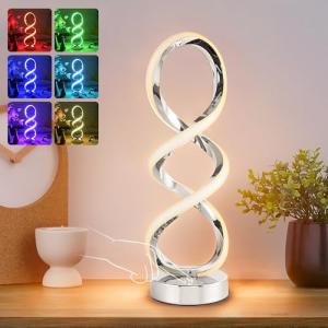 Adebime Modern Spiral RGB Table Lamp, Touch Dimmable Bedside Lamp, 7 Colors 10 Light Modes Spiral Design Table Lamp, Unique Nightstand Lamp for Living Room, Bedroom, Cool Lamps, Sliver