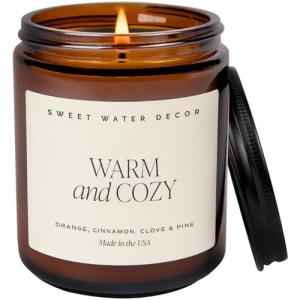 Sweet Water Decor Warm and Cozy Soy Candle - Orange Peel, Cinnamon, Ginger and Clove Scented Candles for Home - 9oz Amber Jar + Black Lid, 40+ Hour Burn Time, Made in The USA
