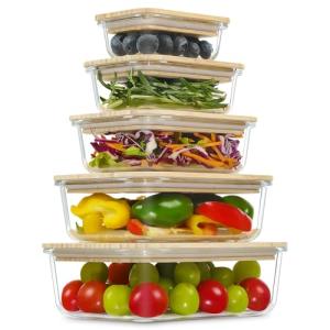Green Glass Storage Containers with Bamboo Lids – 5 Pack