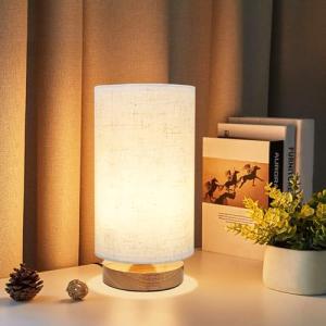 Mini Bedside Lamp with Wood Base and Fabric Shade