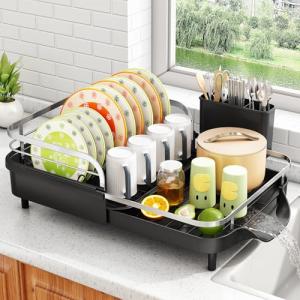 Expandable Black Dish Drying Rack with Utensil Holder